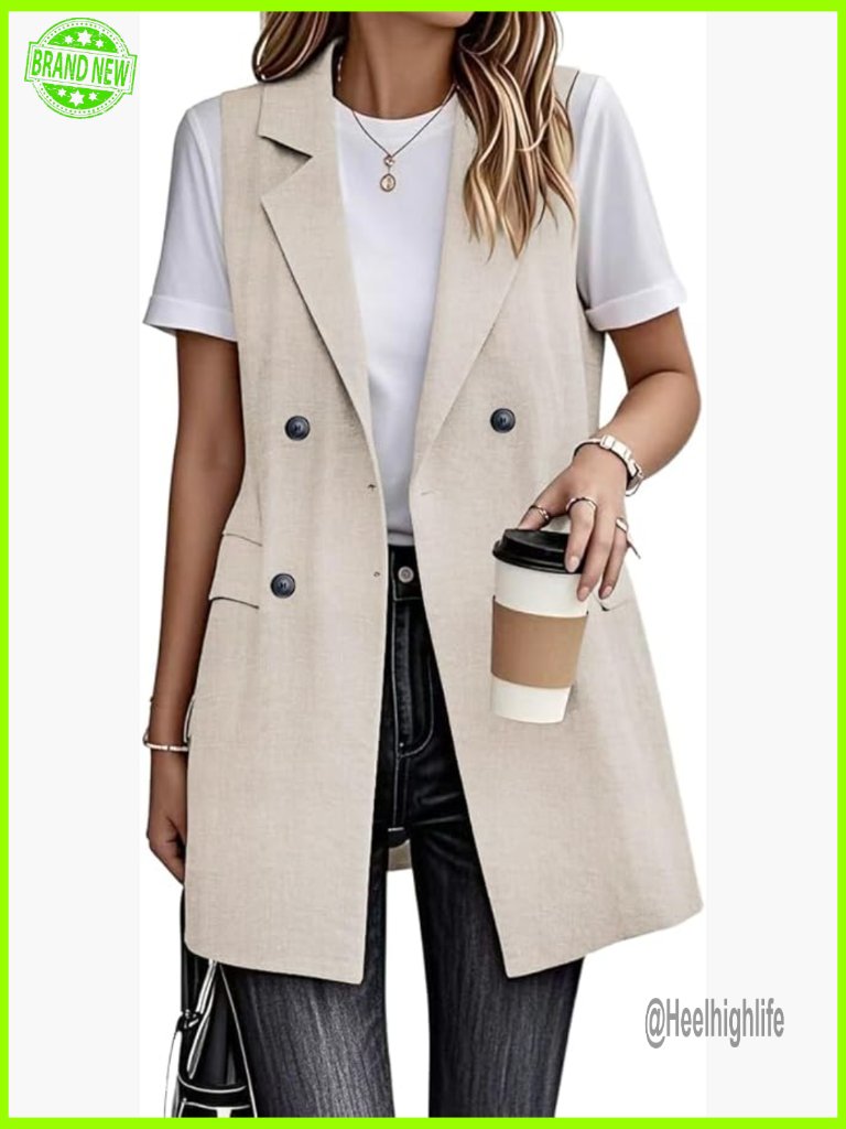 Long Linen Vest Sleeveless Blazer Jacket Regular Fit Below Knee